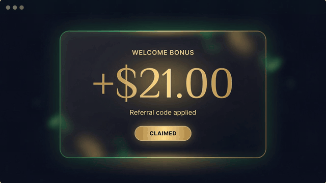 Animación del bono de bienvenida de 21 USD al usar el código Tg77L5Oj